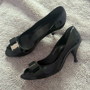 Salvatore Ferragamo Black Patent Peep-Toe Pumps with Grosgrain Bow